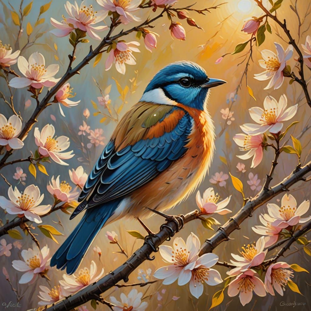 Bird in Flowering Tree as Oil Painting