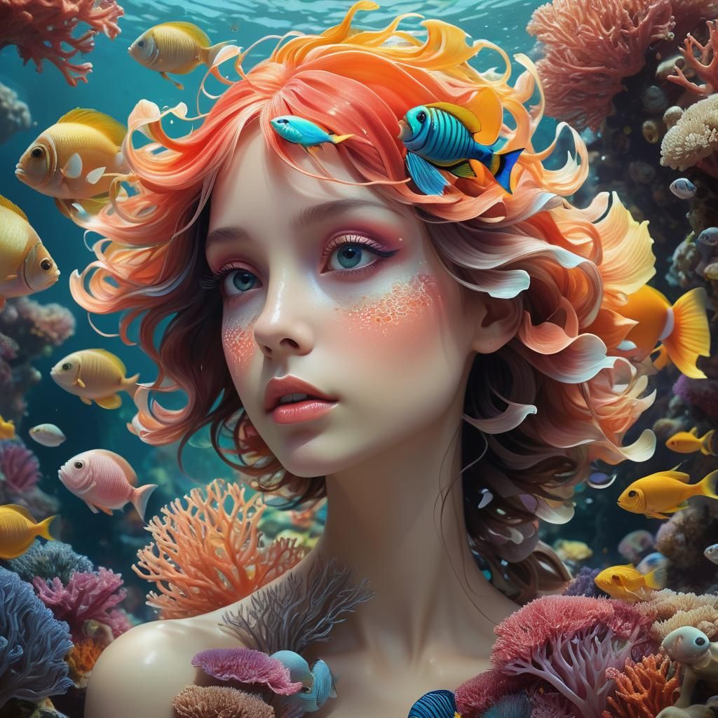 Colorful Coral Reef Fish Portrait in Art Nouveau Style