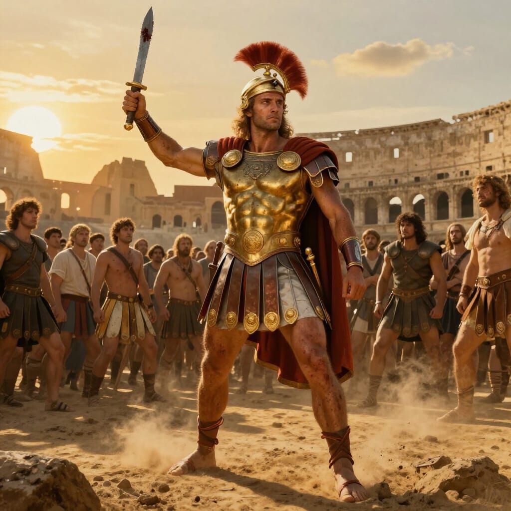 Triumphant Gladiator Victorious After Arena Sword Fight