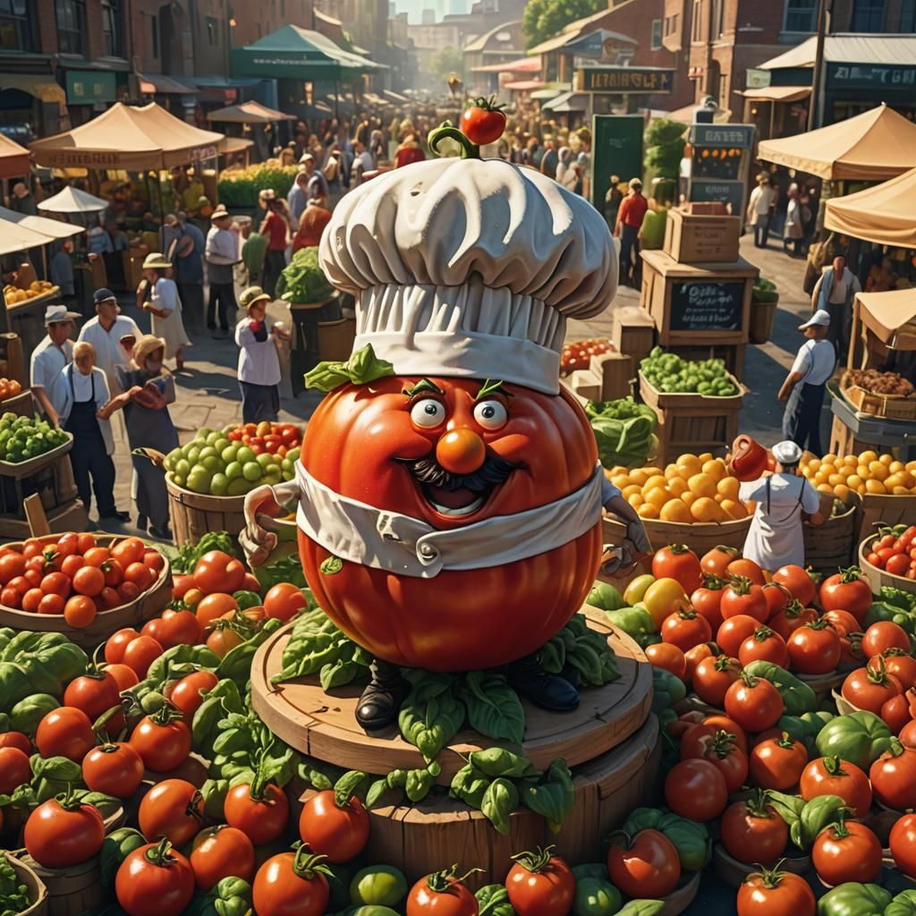 Chef Tomato in Bustling Farmer's Market, Fantasy Art