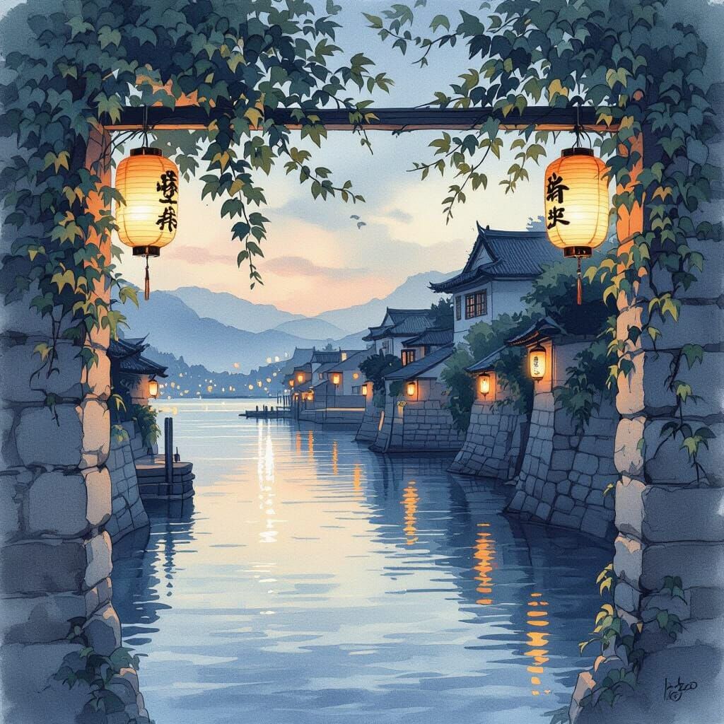 Tranquil Harbor at Twilight with Oriental Lanterns