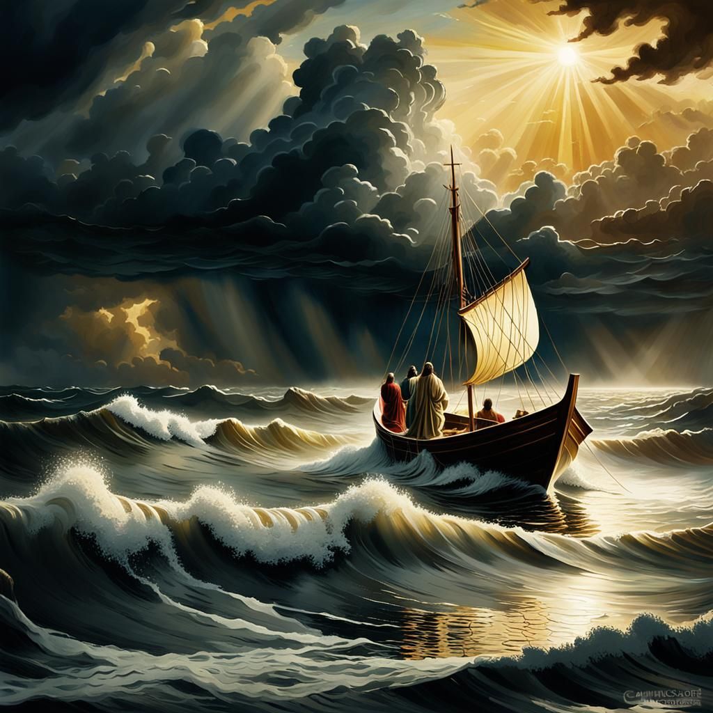 Jesus Walks on Water in Stormy Sea: Caravaggio Style