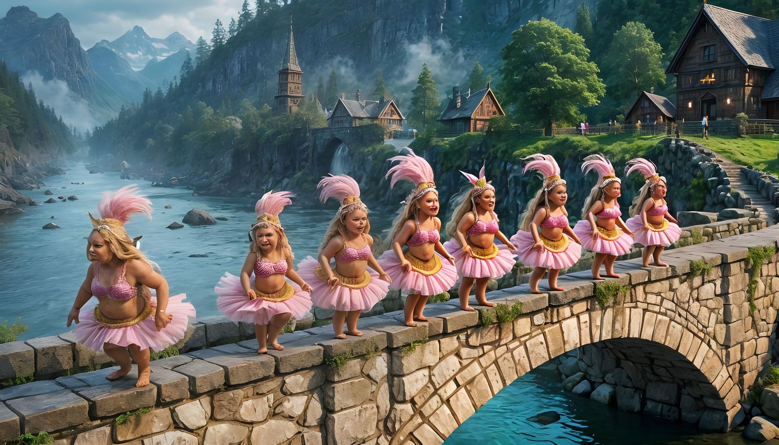 A chorus line of trolls dancing on a Scandinavian, stone bri...
