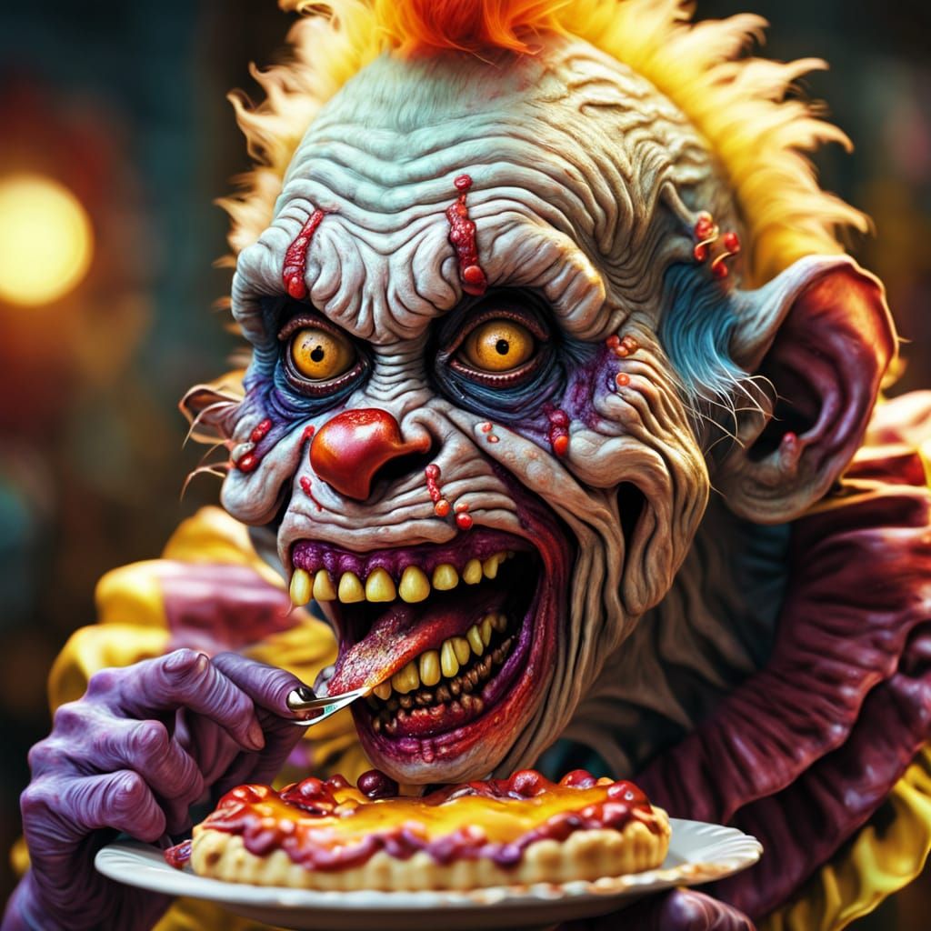 Hyper-Realistic Zombie Clown Monkey Eating Pie