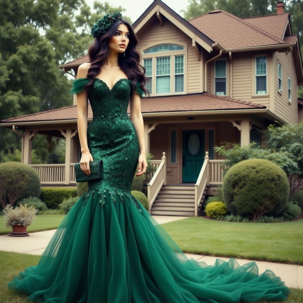 Girl in Emerald Dress Poses for Homecoming