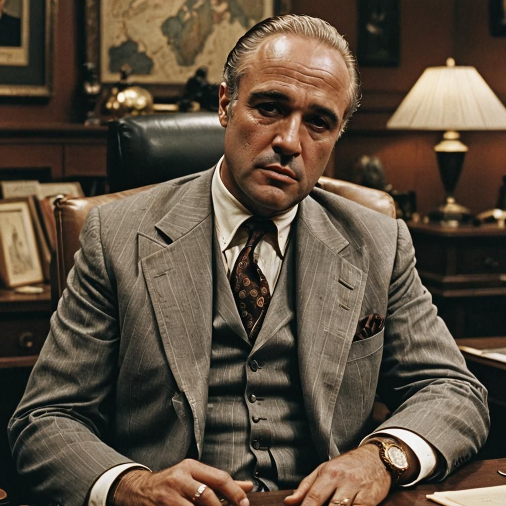 Don Corleone in His Office: Hyperrealistic 70s Film