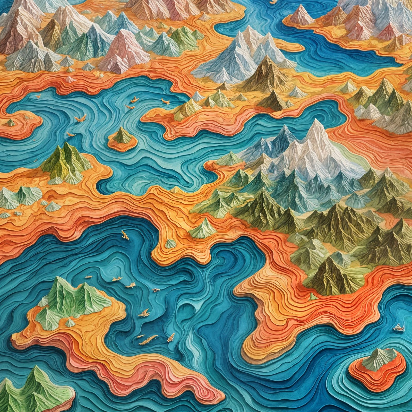 Topographical Island Map in Gouache and Watercolor Style