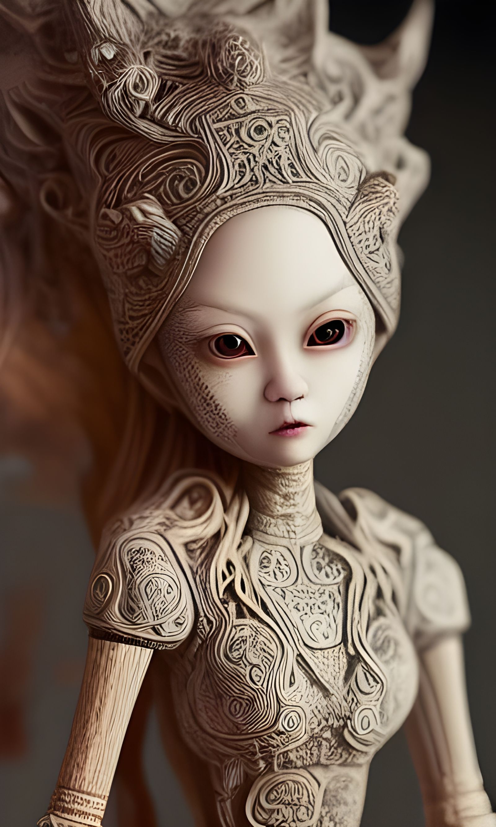 Intricately Carved Wooden Witch Doll in 3D Art