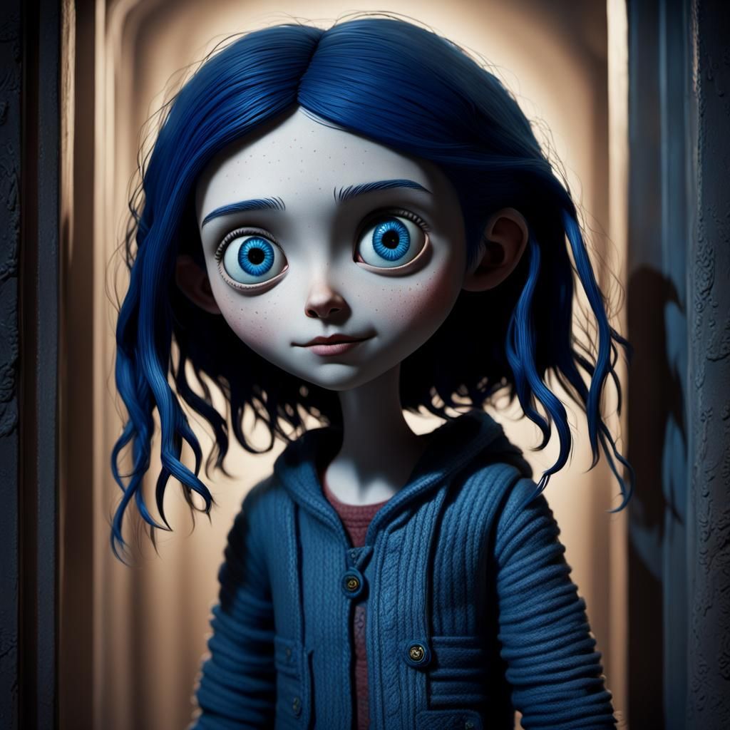 Eerie Coraline Portrait in Dimly Lit Hallway