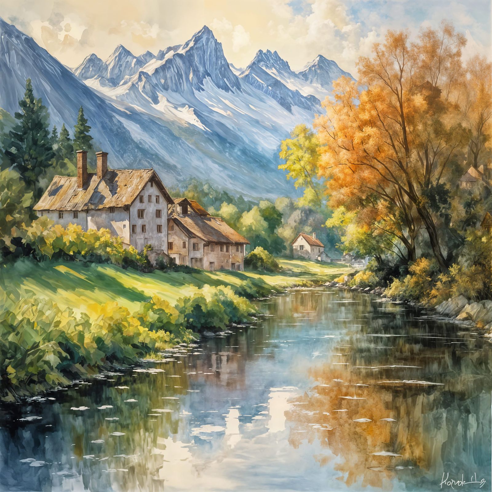 Charming Swiss Village in Alps Morning Mist