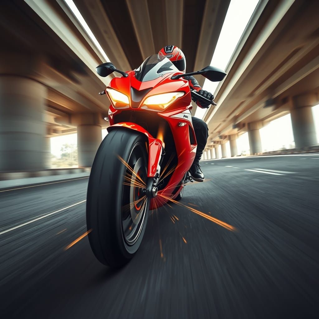 Red Sport Motorcycle Speeds Under Highway in Dynamic Motion