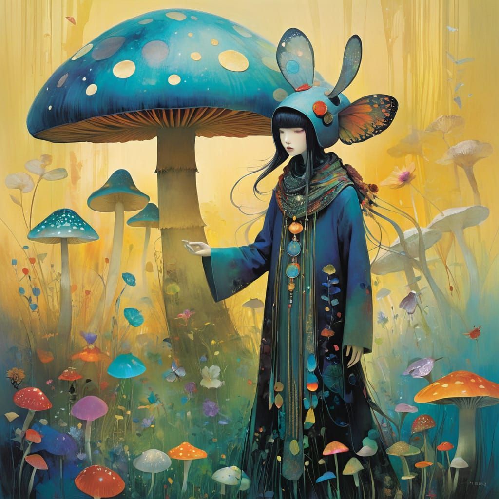 Joyful Rainbow Bug Creature Among Giant Mushrooms