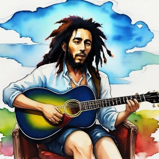 Bob Marley on a Cloud in Watercolor Style