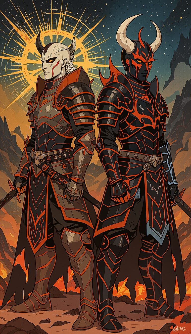 Dual Identity Warriors in Fiery Aurora