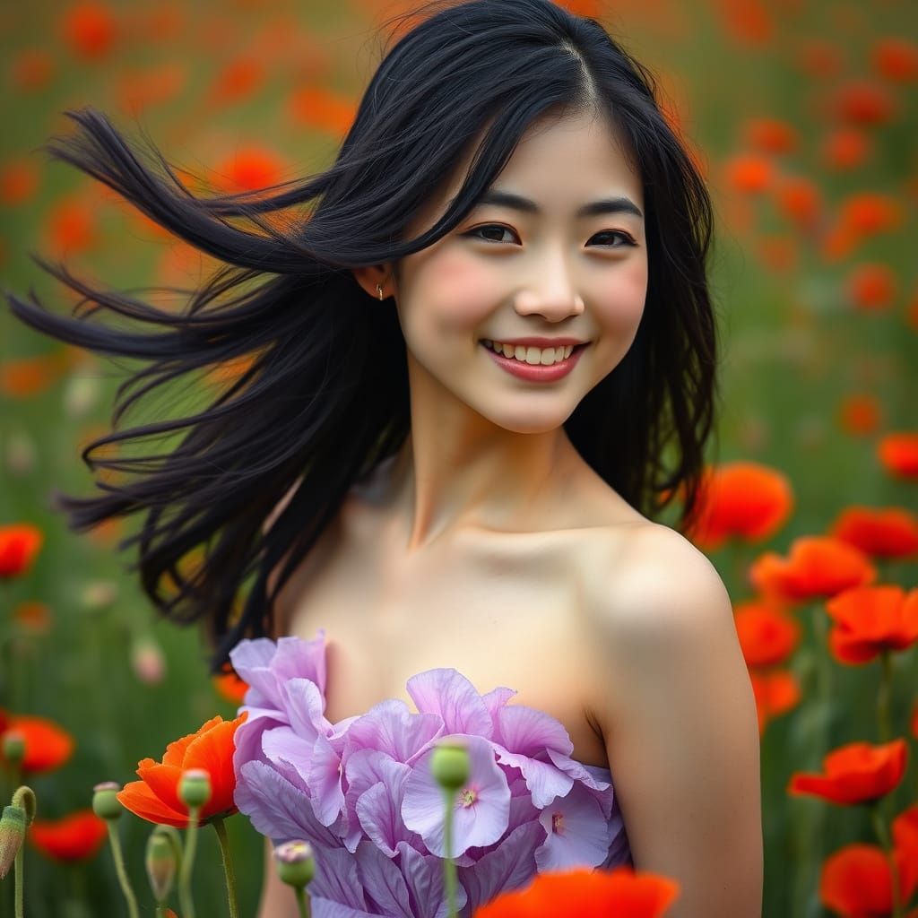 Poppy Dress Woman in Vibrant Field, Hyper-Realistic