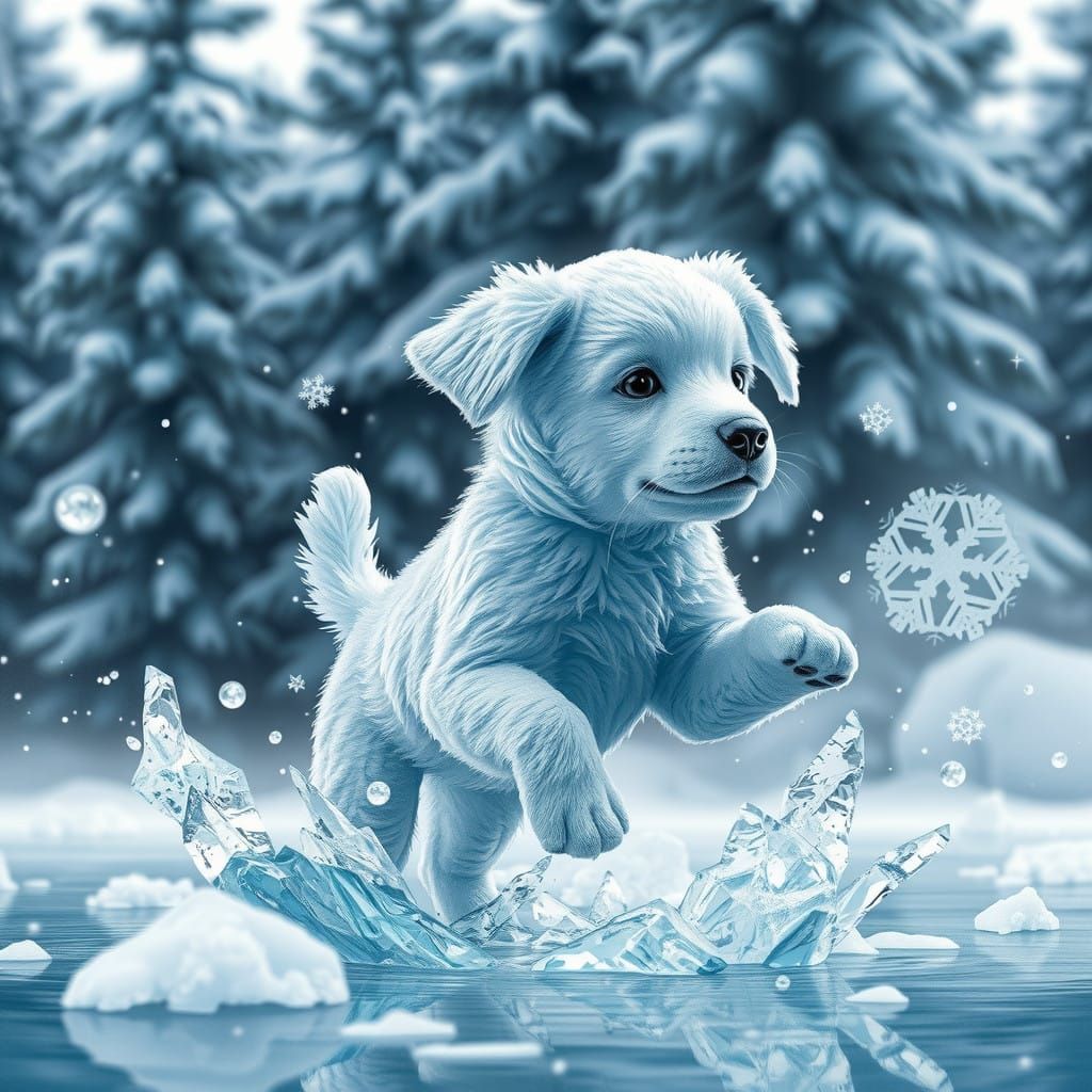 Turquoise Crystal Puppy Plays with Snowflakes in Whimsical W...