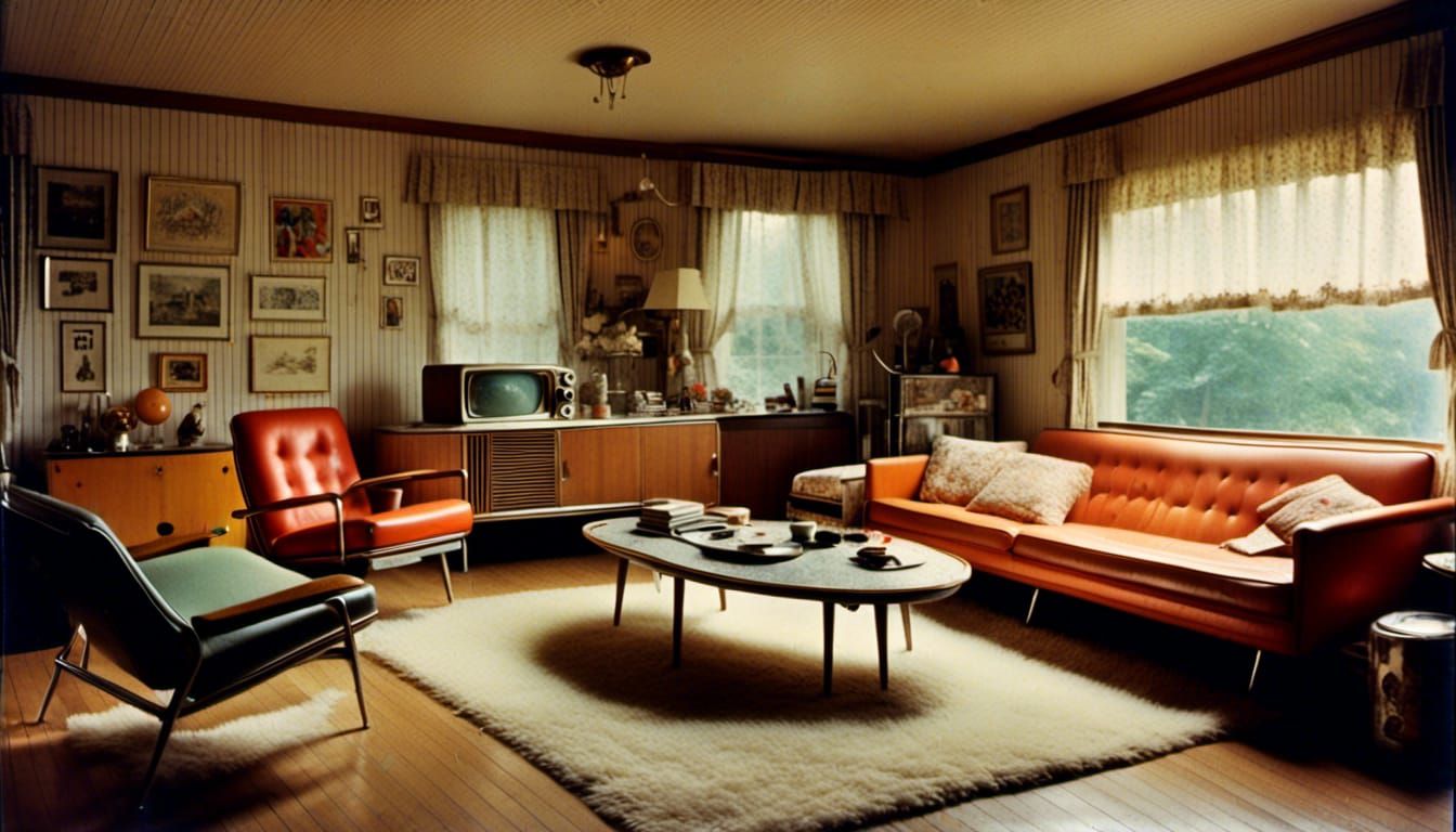 <lora:V-ray:1.0> A 1950s living room. From the USA.