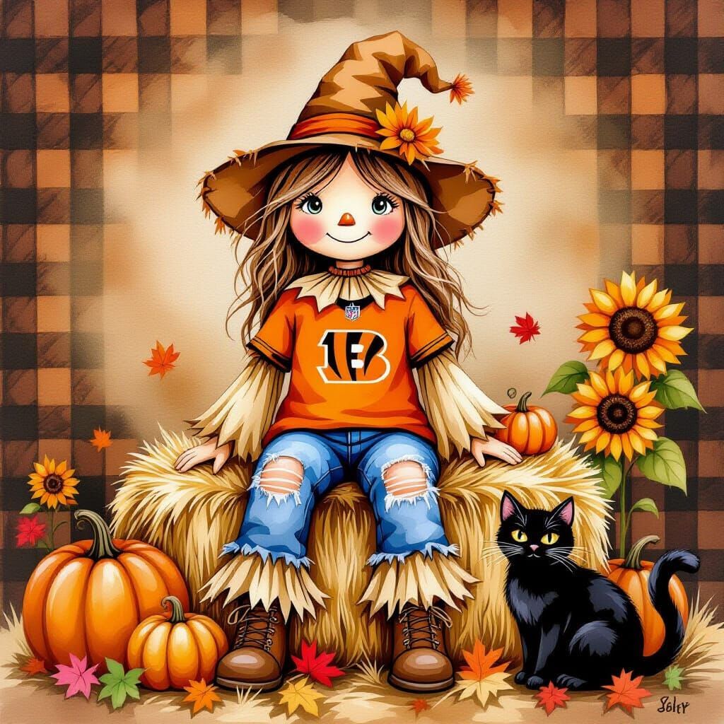 Whimsical Scarecrow Girl with Bengals Shirt