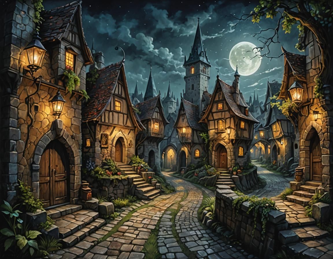 Fantasy Village Under Moonlight: Acrylic Painting