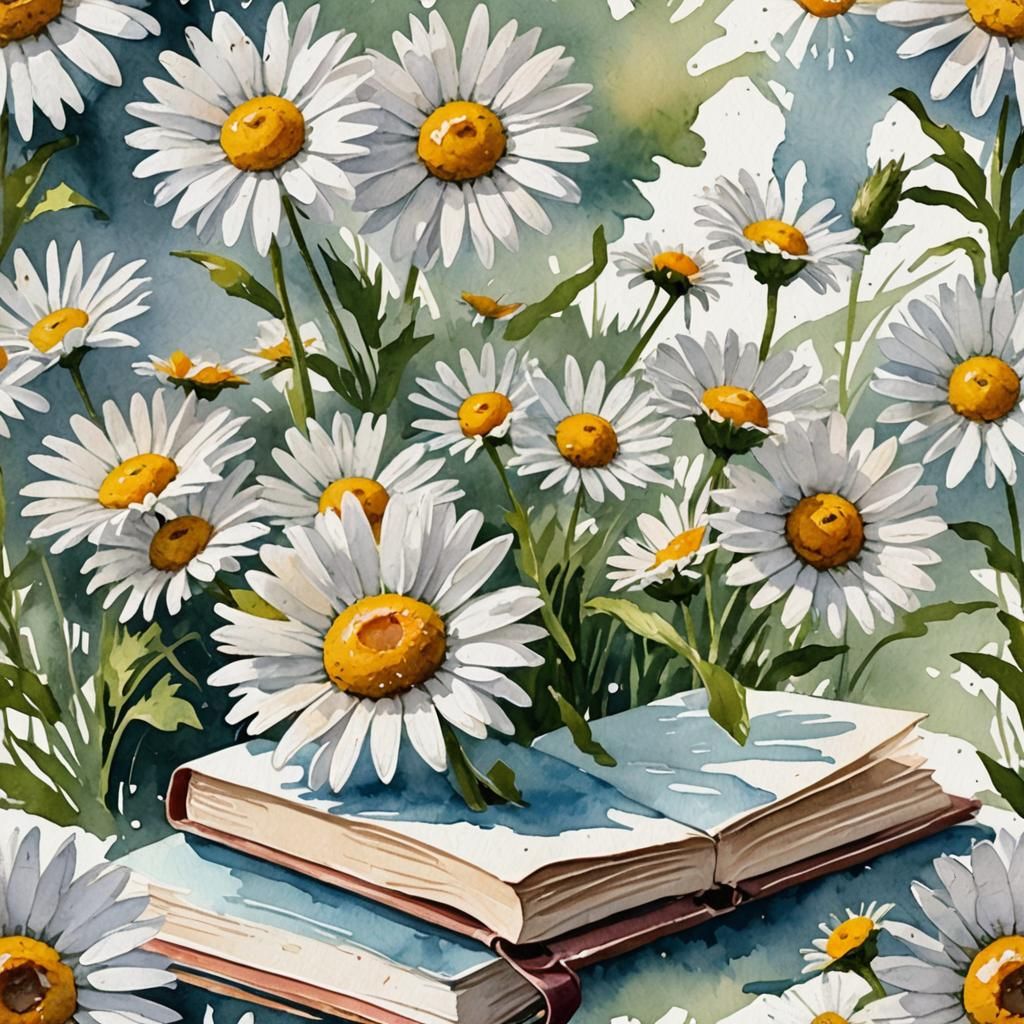 Book and Daisy Watercolour in Gouache Style