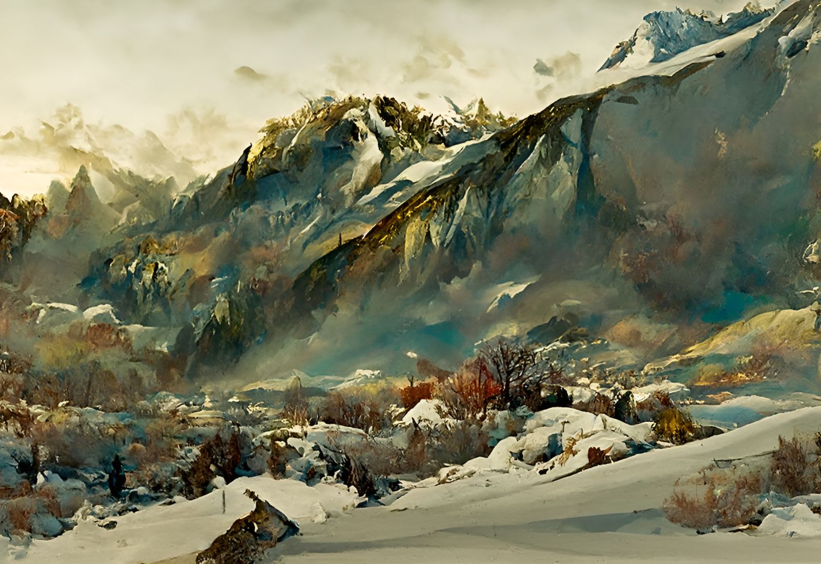 Snowy Mountainscape Painting in Watercolor Style