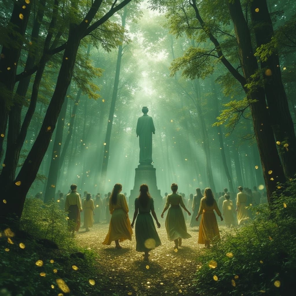 Wood Elves Dance in Misty Forest Clearing