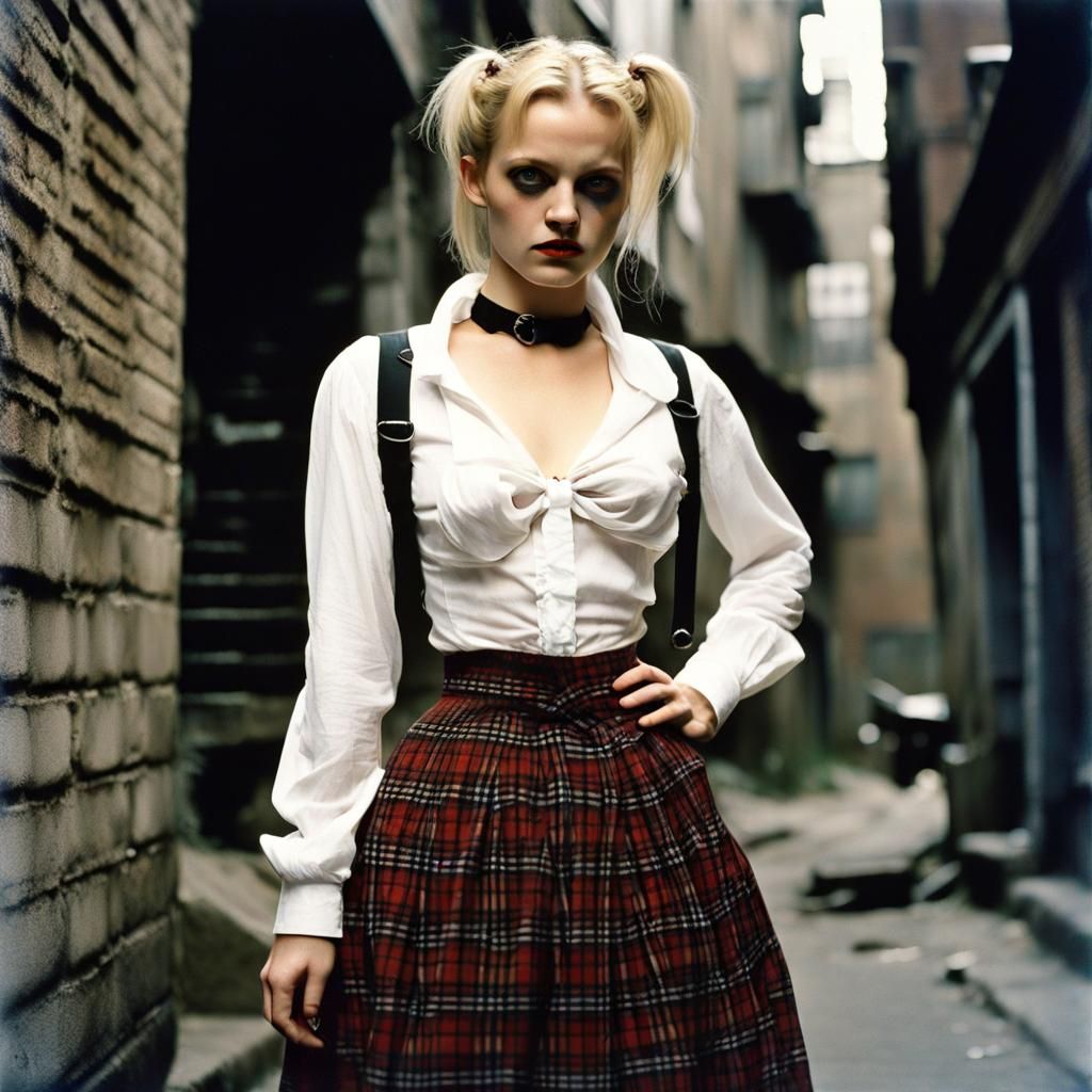 Woman with Intense Eyes in Dark Alleyway