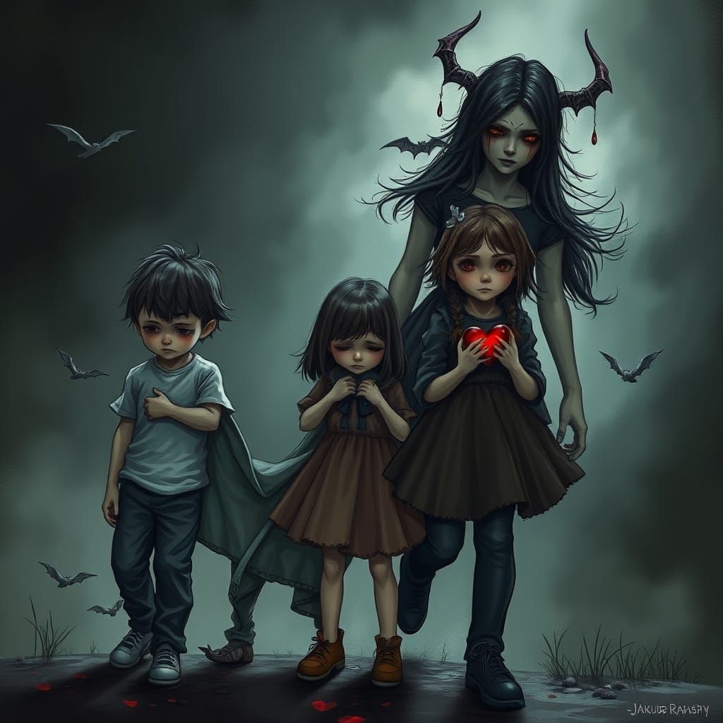 Ominous Scene of Children Pulled Away in Gothic Style