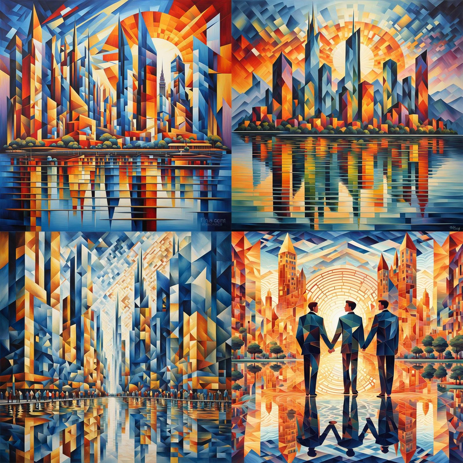 Reflective Cityscape in Abstract Cubism Style