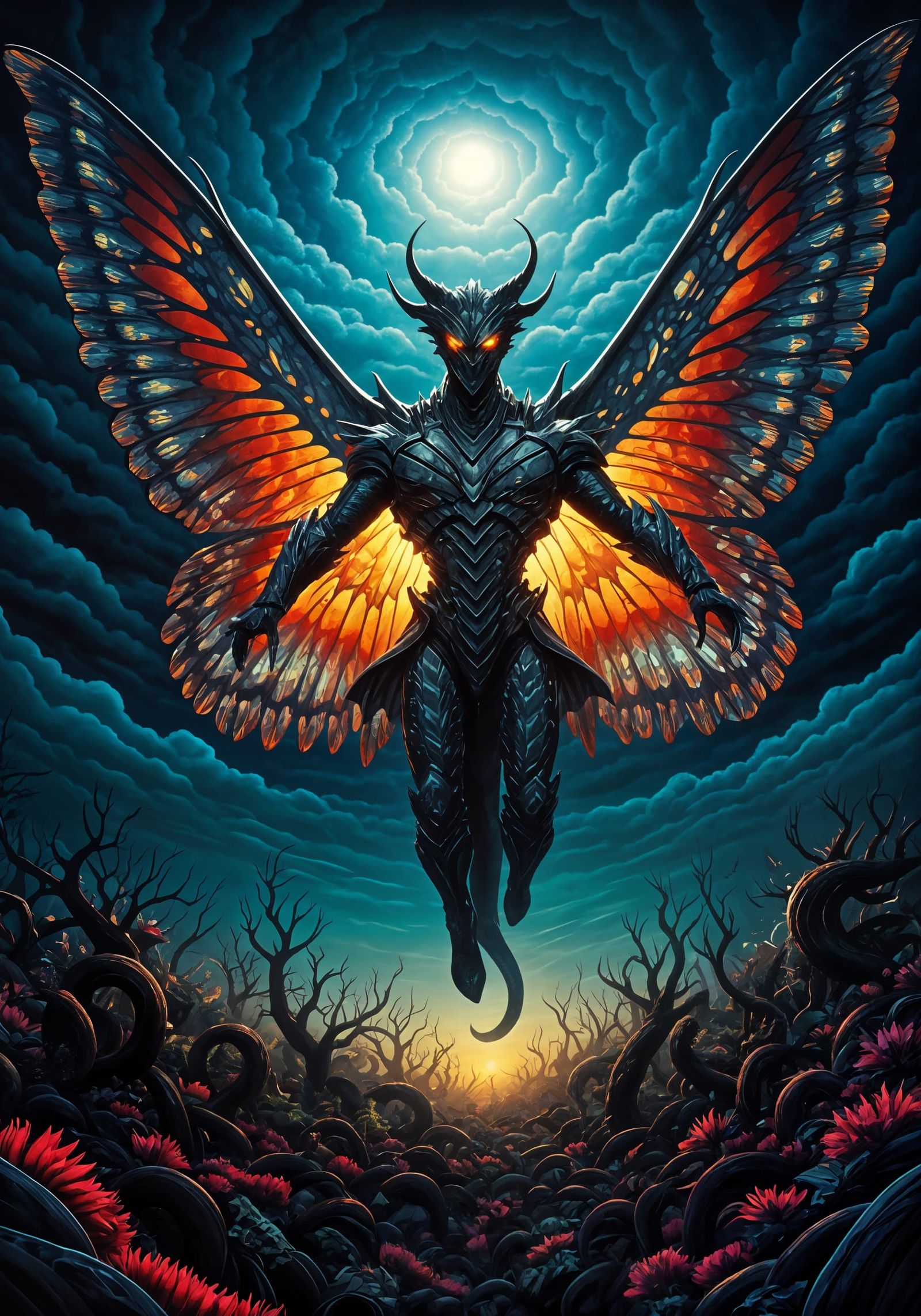 Majestic Winged Villain Soaring in a Dynamic Sky