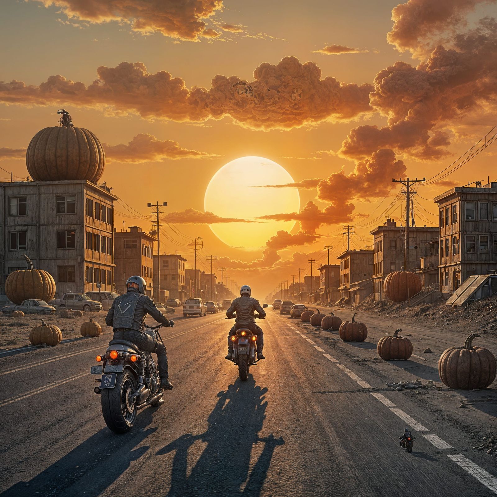 Dystopian Future: Rider Speeds Past Pumpkin Buildings