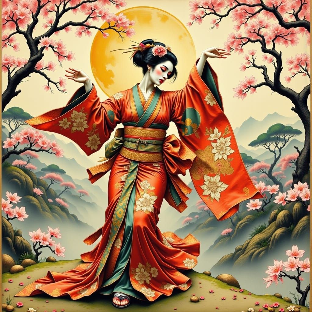 Dancing Geisha in Ancient Japan, Woodblock Print Style