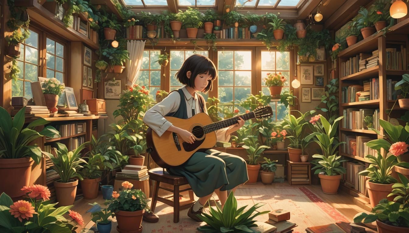 Sunlit Music Room in Whimsical Manga Style