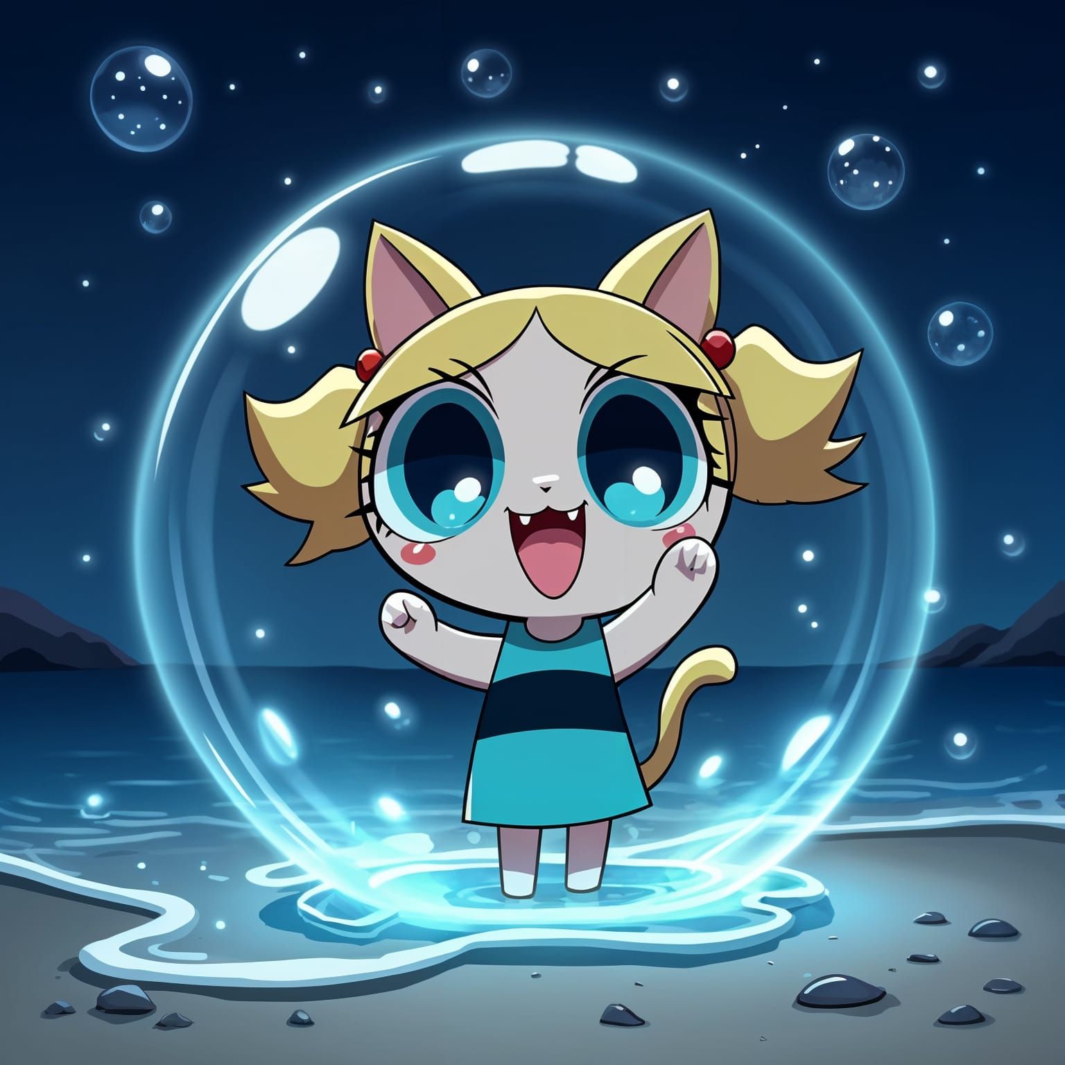 Anime Chibi Catgirl in a Blue Bubble