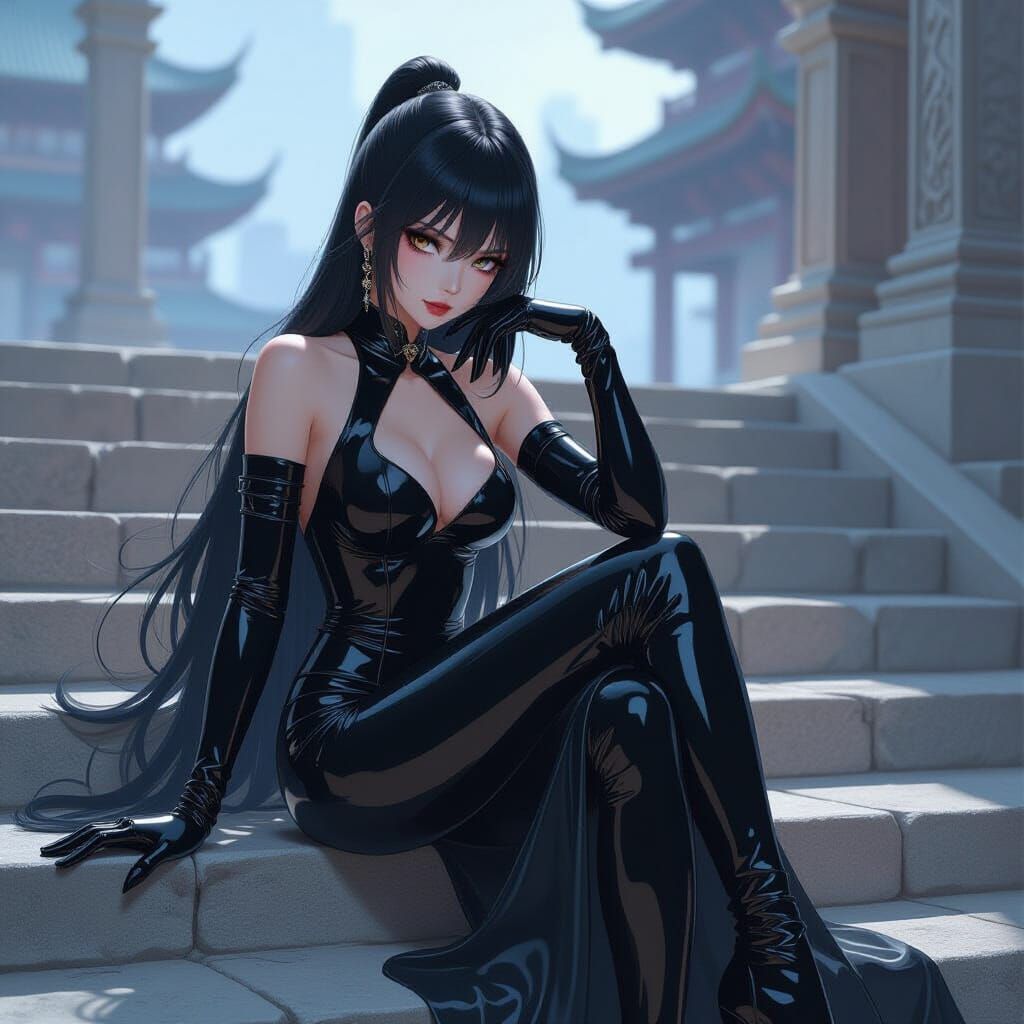 Anime Warrior in Latex on Ancient Steps