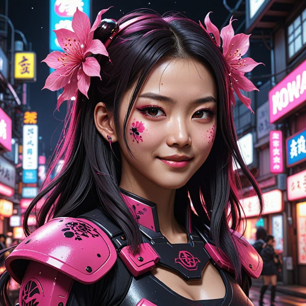 Ethereal Neo Tokyo Goddess in Vibrant Sakura Hues