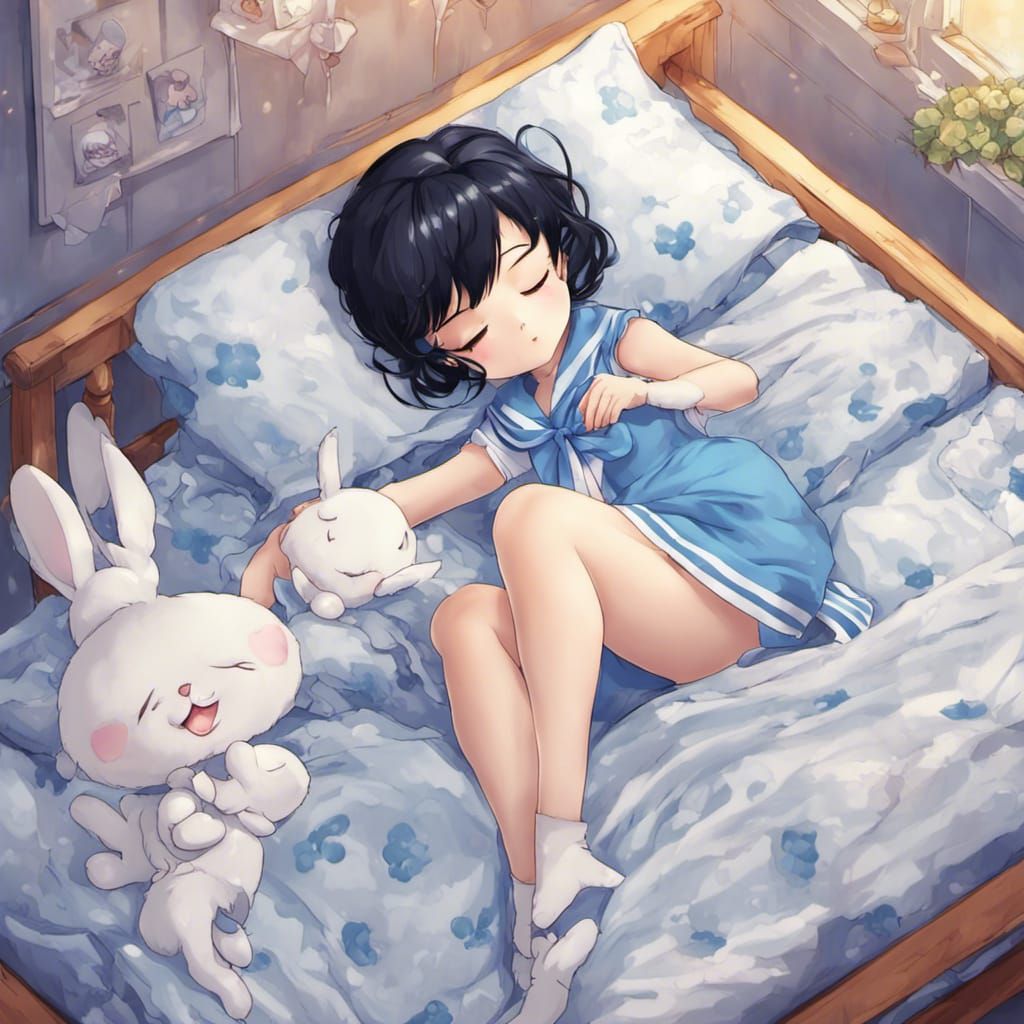 Sailor Mercury Chibi Sleeping in Rabbit Bed: Anime Style
