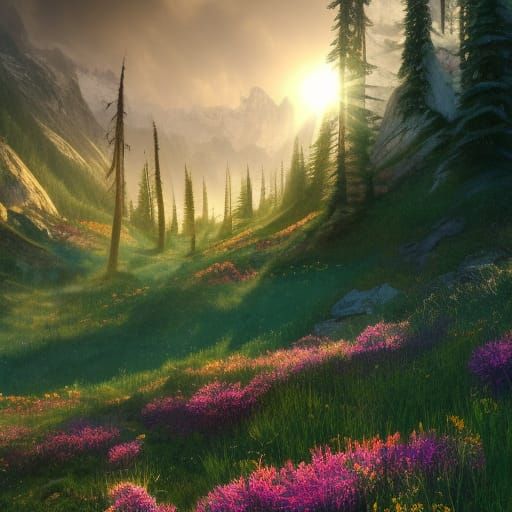 Lush Mountain Valley Meadow in High Gothic Style