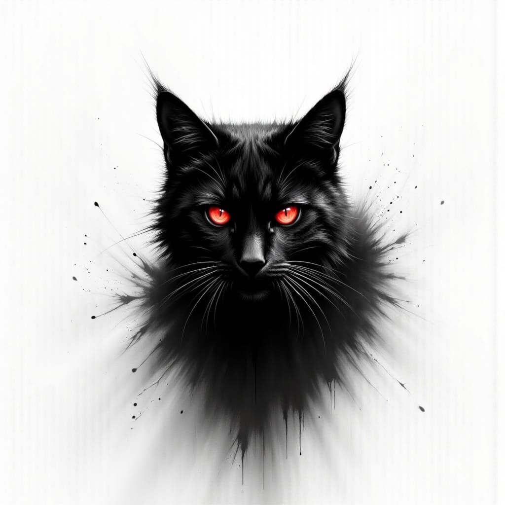 Terrifying Black Cat with Glowing Red Eyes on White Backgrou...