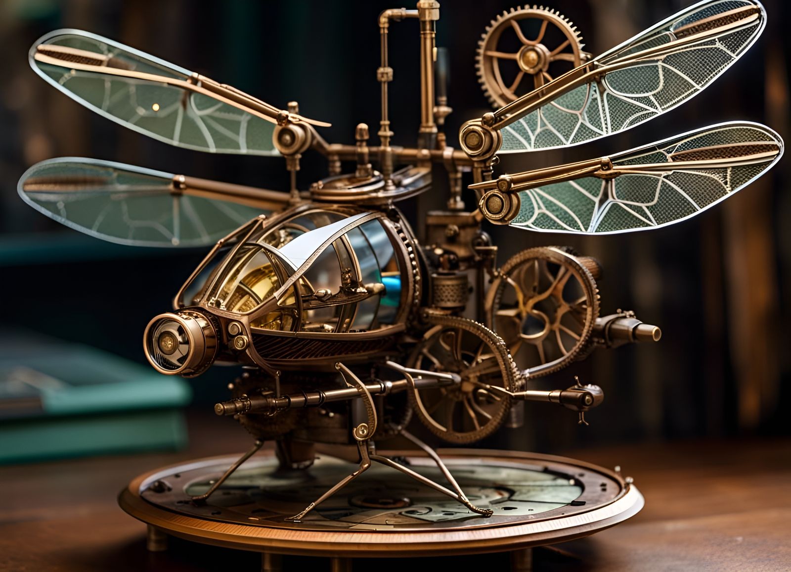 Steampunk Dragonfly Helicopter Automaton with Stained Glass