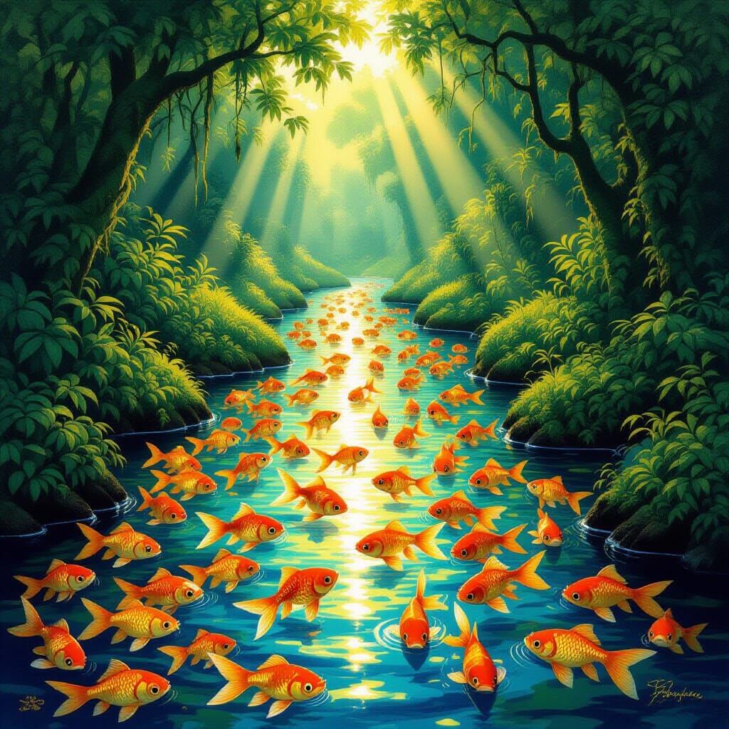 Magical River of Goldfish in Enchanted Forest