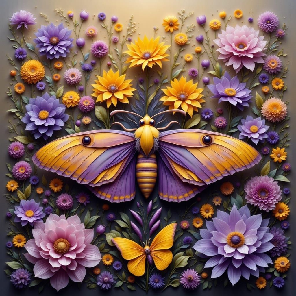 Yellow and Purple Moth with Flowers