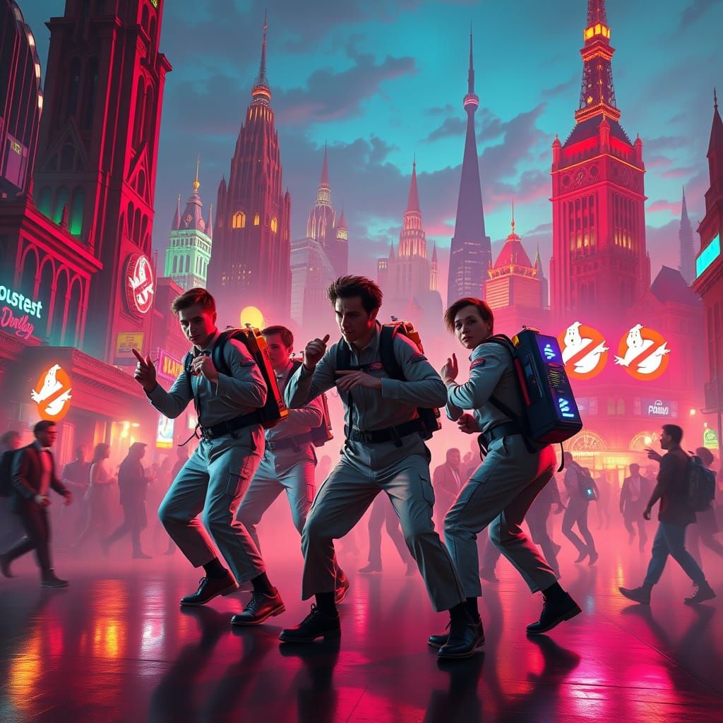 Ghostbusters Dance in Neon Cityscape