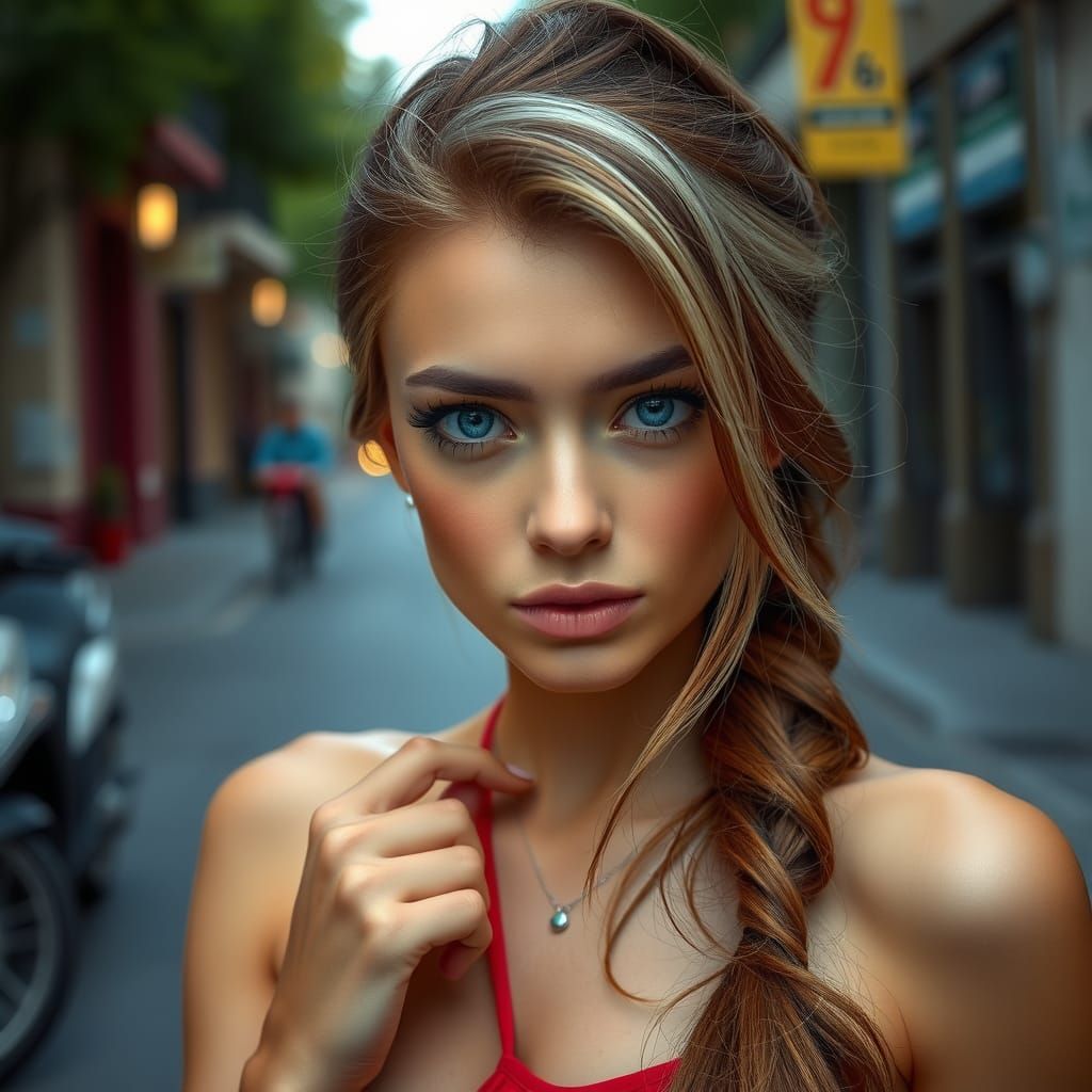 Stunning Woman with Blue Eyes in Neon Cityscape