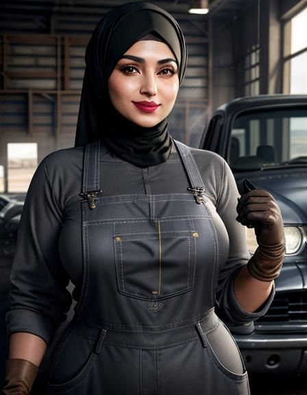 Hijabi Mechanic Working in Detailed Car Repair Shop