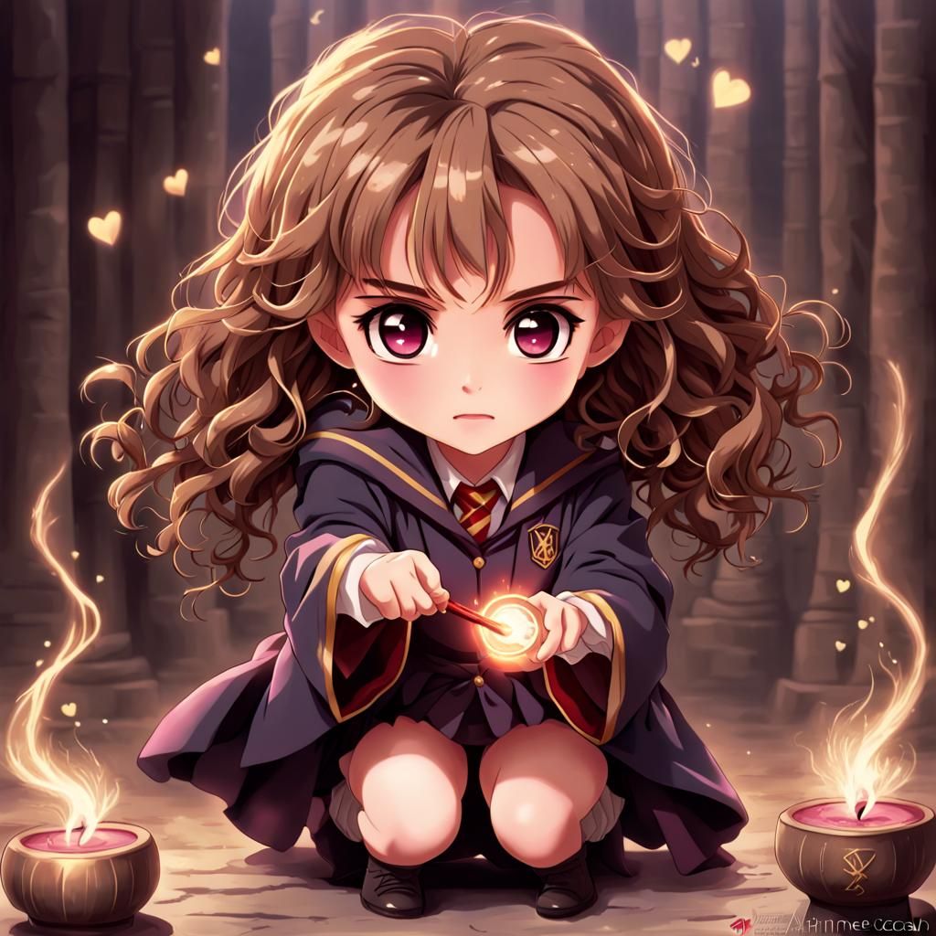 Chibi Hermione Granger Casting a Love Spell in Anime Style