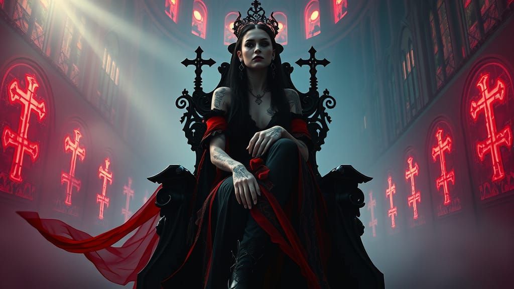 Gothic Vampire Queen Reigns Over Dark Futuristic Cathedral