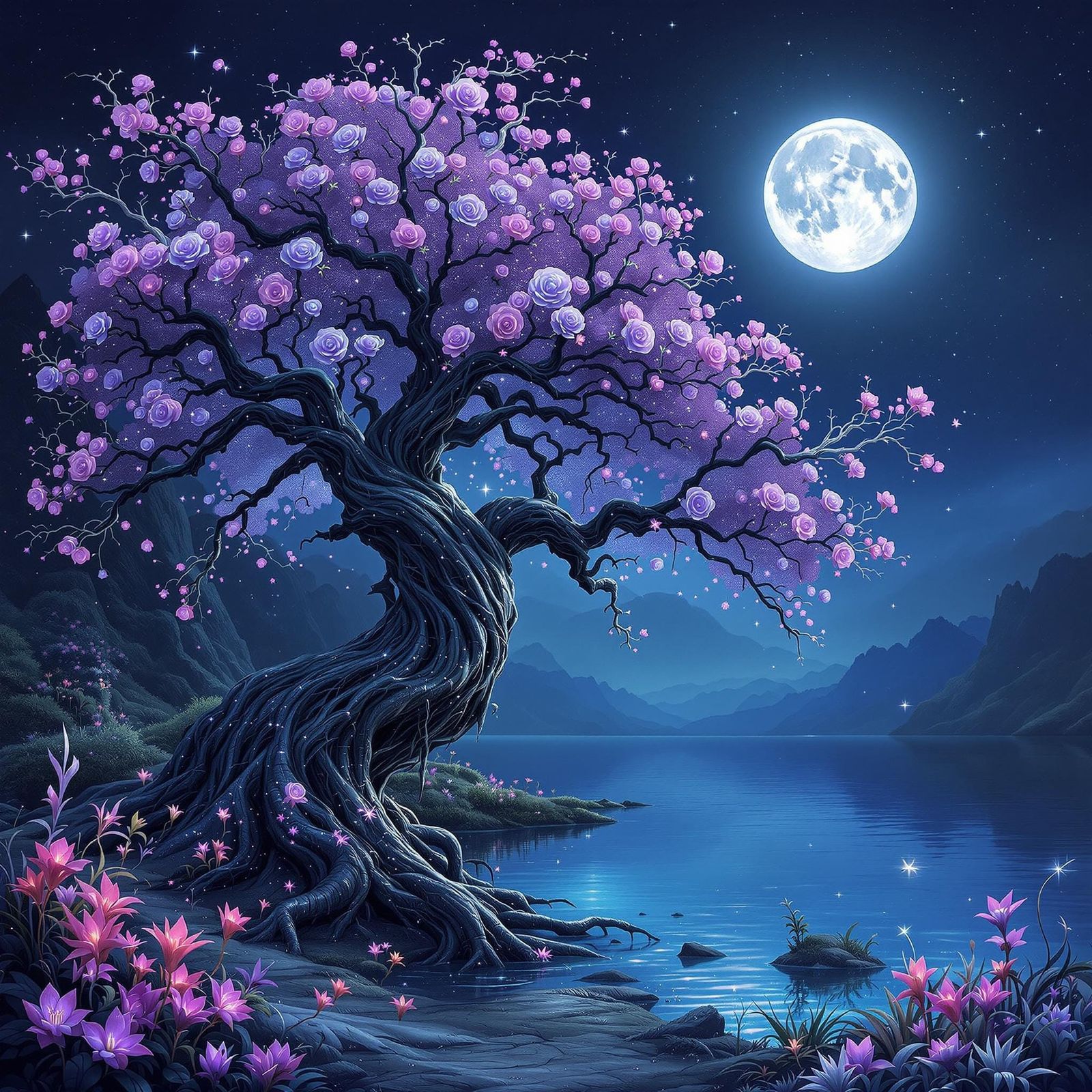 Surreal Landscape of an Ancient Tree by a Calm Lake under a ...