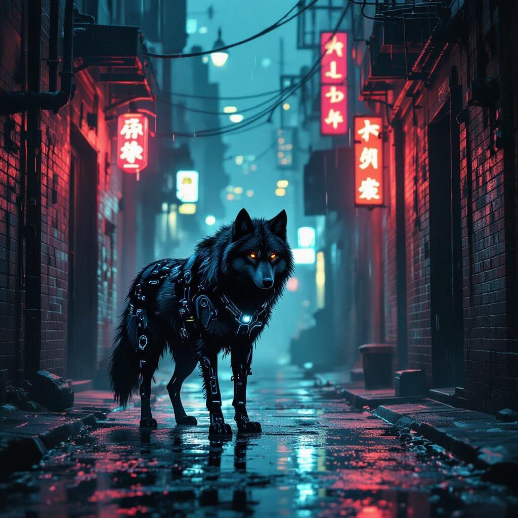 Cybernetic Wolf in Neon Alley