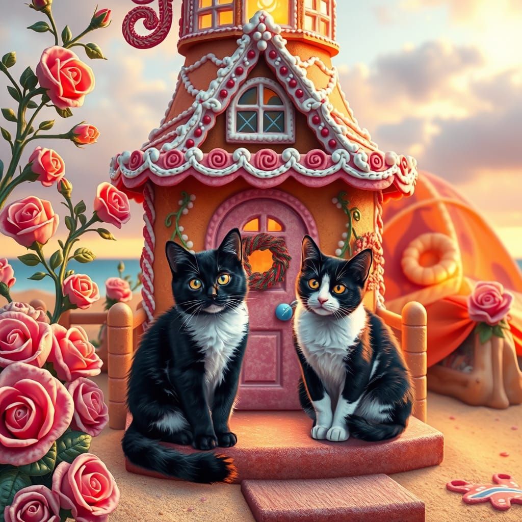 Cats on a Gingerbread Lighthouse with Icing Roses